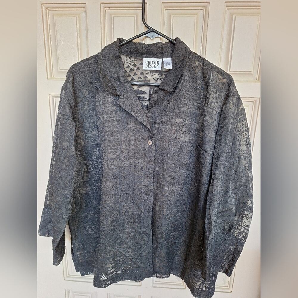 Chico's Design Black Lace Sheer Button Front Shirt Sz3 3/4Sleeves Collar V Neck